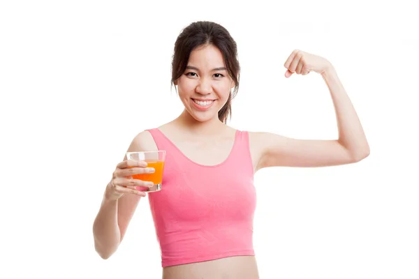 Schön asiatische gesunde Mädchen trinken Orangensaft flexing bi — Stockfoto