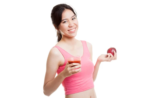 番茄汁和苹果的漂亮健康亚洲女孩. — 图库照片