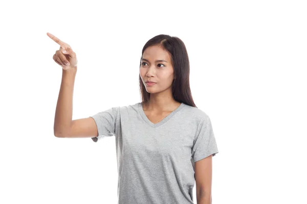 Asijské žena dotykem na obrazovku prstem. — Stock fotografie