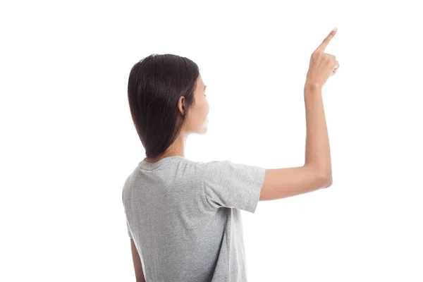 Indietro della donna asiatica toccare lo schermo con il dito . — Foto Stock