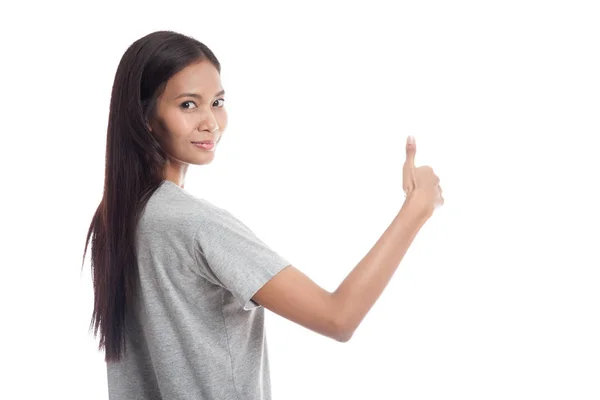 Jovem ásia mulher volta para trás polegares para cima . — Fotografia de Stock