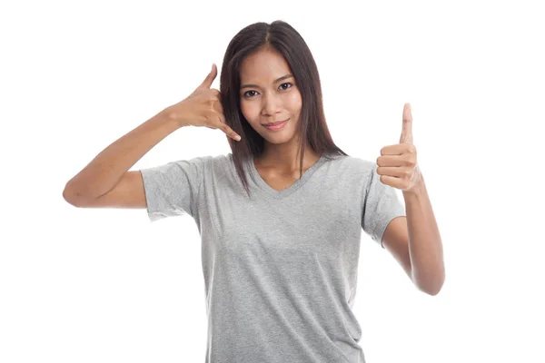 Young Asian woman thumbs up show with phone gesture. — Stock Photo, Image