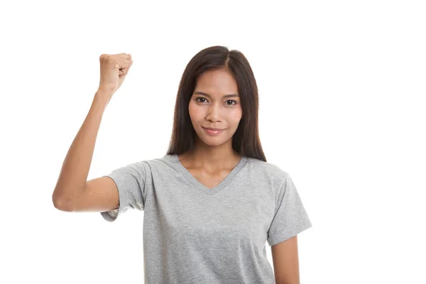 Éxito joven asiática mujer hold puño arriba . — Foto de Stock