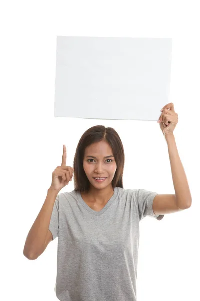 Young Asian woman point to  blank sign. — Stock Photo, Image