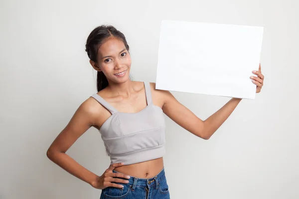 Young Asian woman with  white blank sign. — Stock Photo, Image