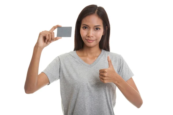 Joven mujer asiática pulgares arriba con una tarjeta en blanco . — Foto de Stock