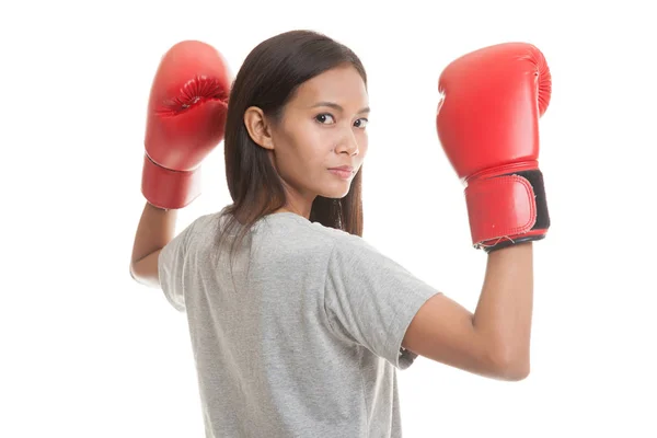 Young Asian woman with red boxing gloves. — Stock Photo, Image