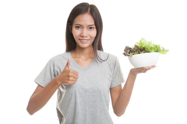 Healthy Asian woman thumbs up with salad. — Stock Photo, Image