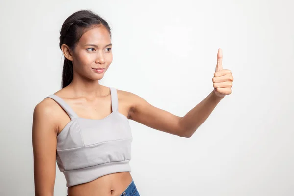 Asiático mulher polegares para cima e sorriso . — Fotografia de Stock