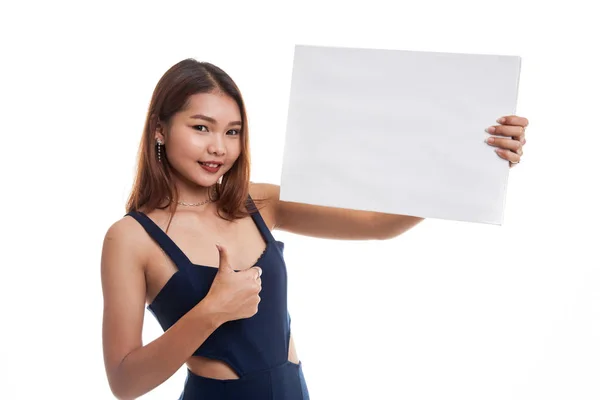 Giovane asiatico donna spettacolo pollice su con bianco vuoto segno . — Foto Stock