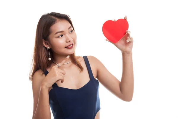 Asian woman point to red heart. — Stock Photo, Image