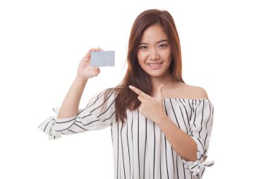 Bir boş kartı noktasına genç Asyalı kadın.