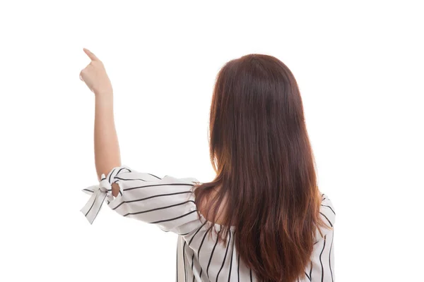 Costas da mulher asiática tocando a tela com o dedo . — Fotografia de Stock