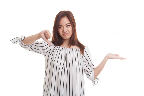 Young Asian woman show palm hand and thumbs down. — Stock Photo, Image