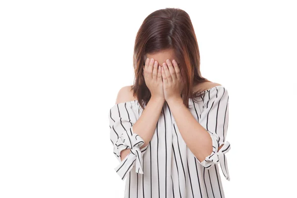 Sad young Asian woman cry with palm to face. — Stock Photo, Image