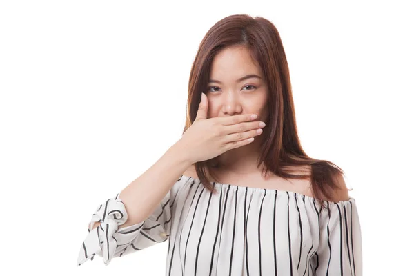 Fiatal ázsiai nő, zárja be a száját kézzel. — Stock Fotó