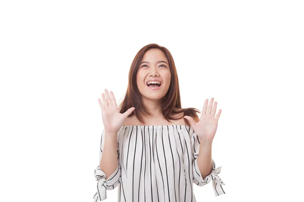 Excited young Asian woman look up. — Stock Photo, Image