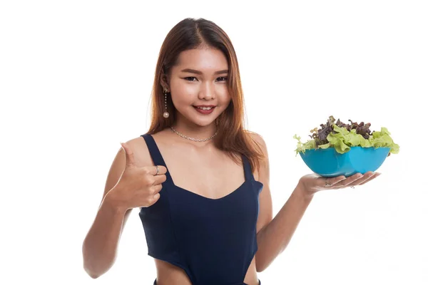 Saludable mujer asiática pulgares arriba con ensalada . — Foto de Stock