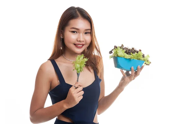 Saludable mujer asiática con ensalada . — Foto de Stock