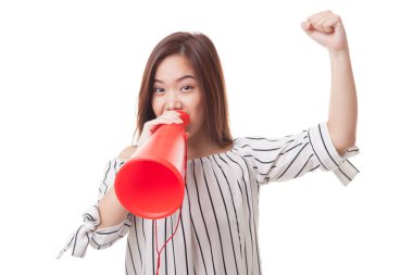 Güzel genç Asyalı kadın megafon ile ilan.