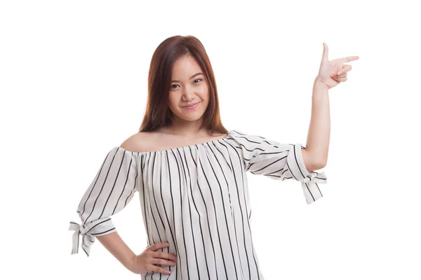 Young Asian woman smile and point. — Stock Photo, Image