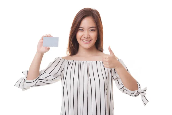 Joven mujer asiática pulgares arriba con una tarjeta en blanco . — Foto de Stock