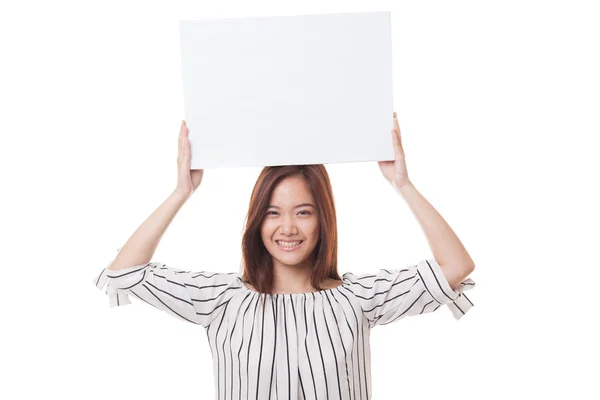 Joven mujer asiática con blanco signo en blanco . —  Fotos de Stock