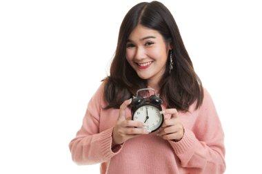 Genç Asyalı kadın gülümseme ile bir saat.