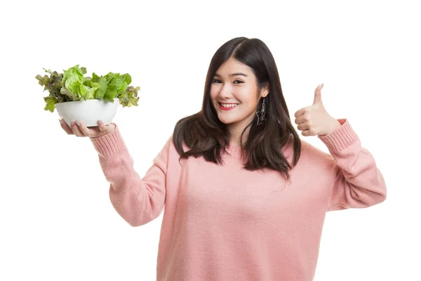 Здоровий Азіатський жінка пальцями вгору з салатом. — стокове фото