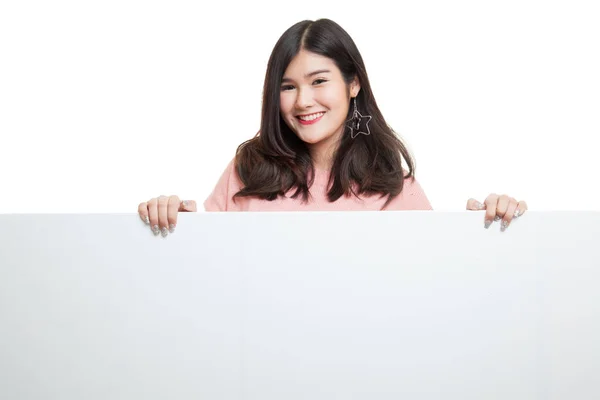 Young Asian woman with blank sign. — Stock Photo, Image