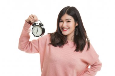 Saati olan genç Asyalı kadın..