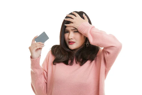 Joven mujer asiática dolor de cabeza con una tarjeta en blanco . —  Fotos de Stock