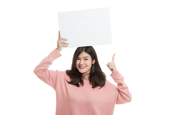 Young Asian woman point to blank sign. — Stock Photo, Image