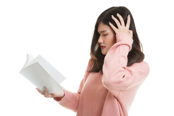 Young Asian woman got headache read a book. — Stock Photo, Image