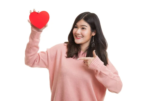 Asian woman point to red heart. — Stock Photo, Image