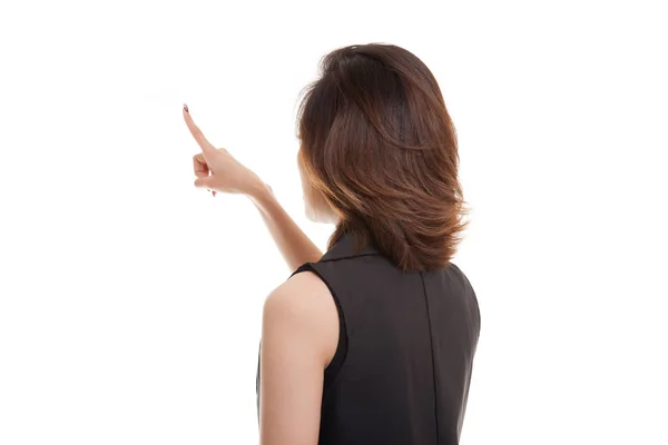 Costas da mulher asiática tocando a tela com o dedo . — Fotografia de Stock