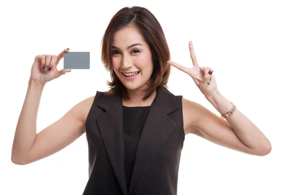 Young Asian woman show Victory with a blank card. — Stock Photo, Image