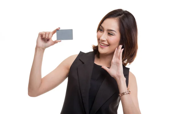 Young Asian woman happy with  blank card. — Stock Photo, Image