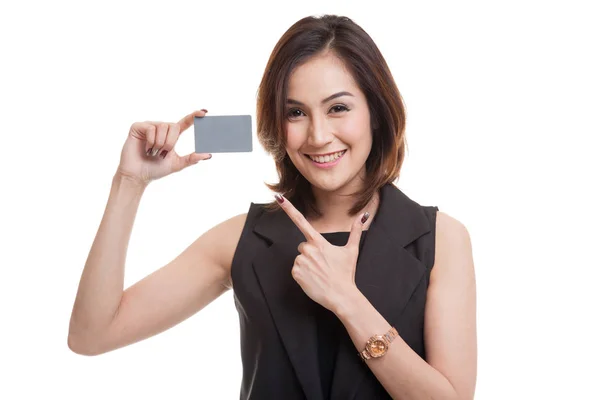 Young Asian woman point to a blank card. — Stock Photo, Image