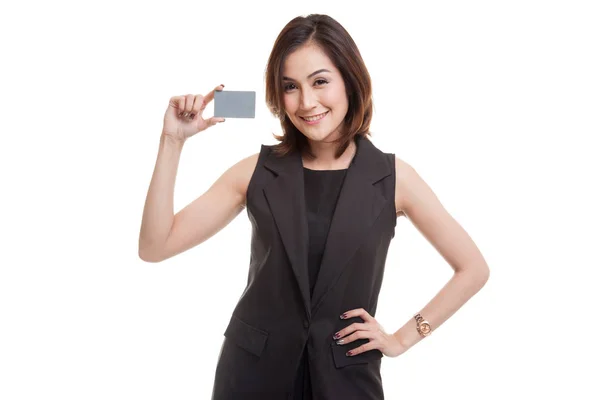 Mladá asijská žena úsměv s prázdnou kartou. — Stock fotografie