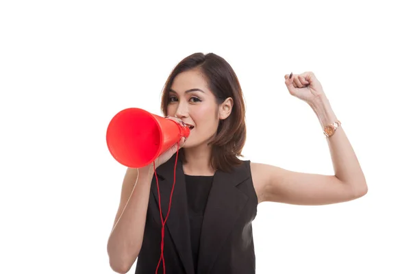 Bela jovem ásia mulher anunciar com megafone . — Fotografia de Stock