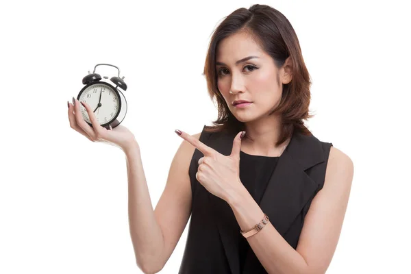 Enojado joven asiático mujer punto a un reloj . —  Fotos de Stock