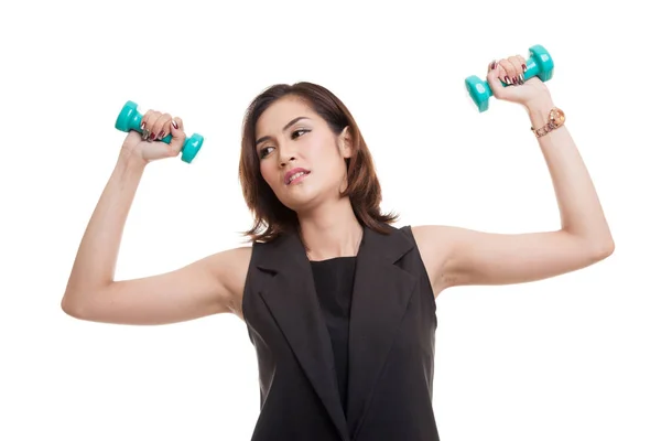 Exhausted Asian woman with dumbbells. — Stock Photo, Image
