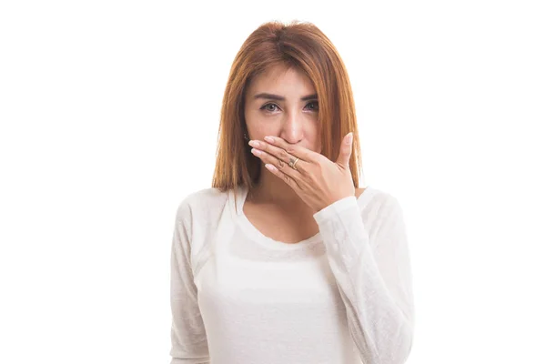 Young Asian woman close her mouth with hand. — Stock Photo, Image