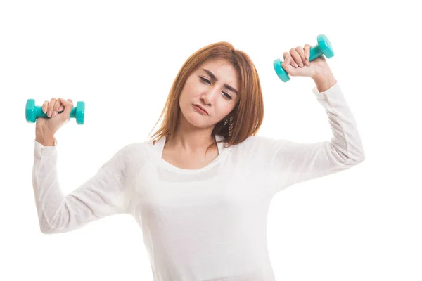 Exhausted Asian woman with dumbbells. — Stock Photo, Image