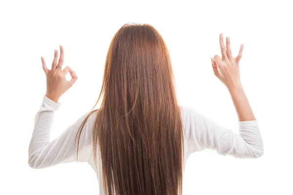 Back view of Asian woman show double OK hand sign. — Stock Photo, Image