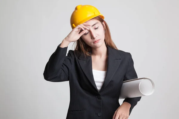 Tried Asian engineer woman with blueprints. — Stock Photo, Image