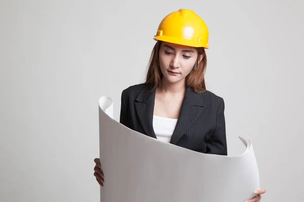Asian engineer woman with blueprints. — Stock Photo, Image