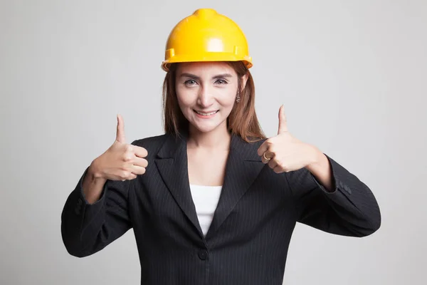 Asian engineer woman thumbs up with both hands. — Stock Photo, Image