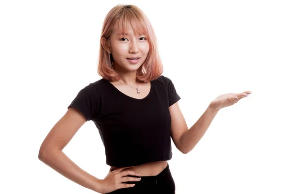 Young Asian woman present with her hand. — Stock Photo, Image